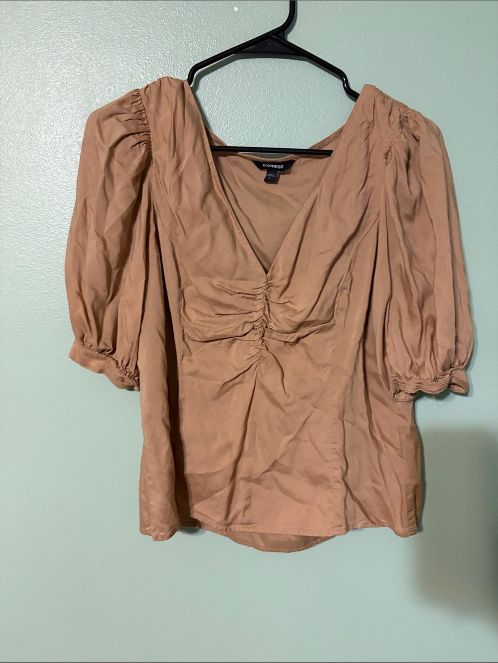 Express Tan Puff Sleeve Ruched V-Neck Blouse